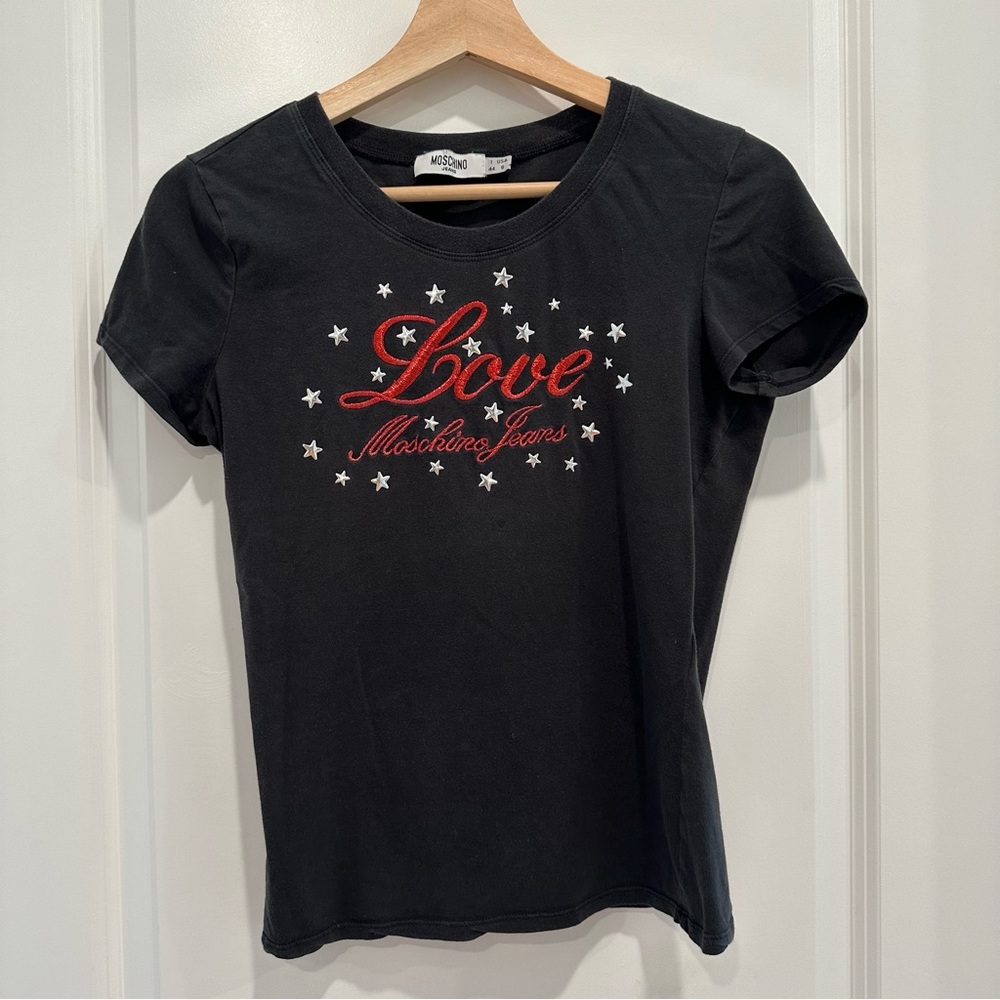 Moschino Jeans Love Moschino Graphic Tee with Embroidery and Bejeweled Stars